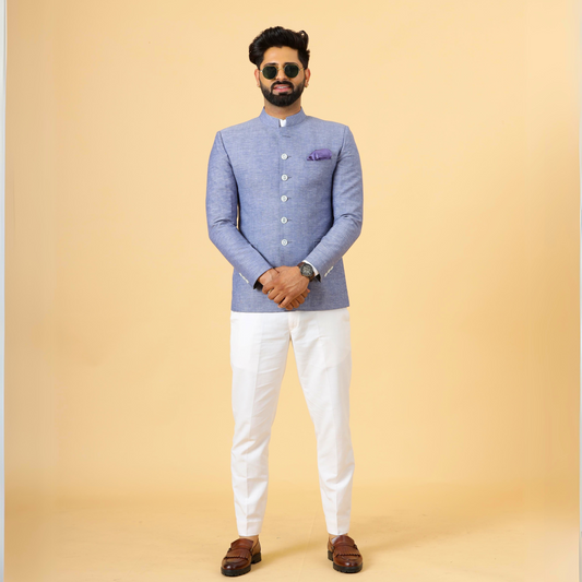Bespoke Midnight Blue Linen Jodhpuri Bandhgala Suit For Men | White Trouser |