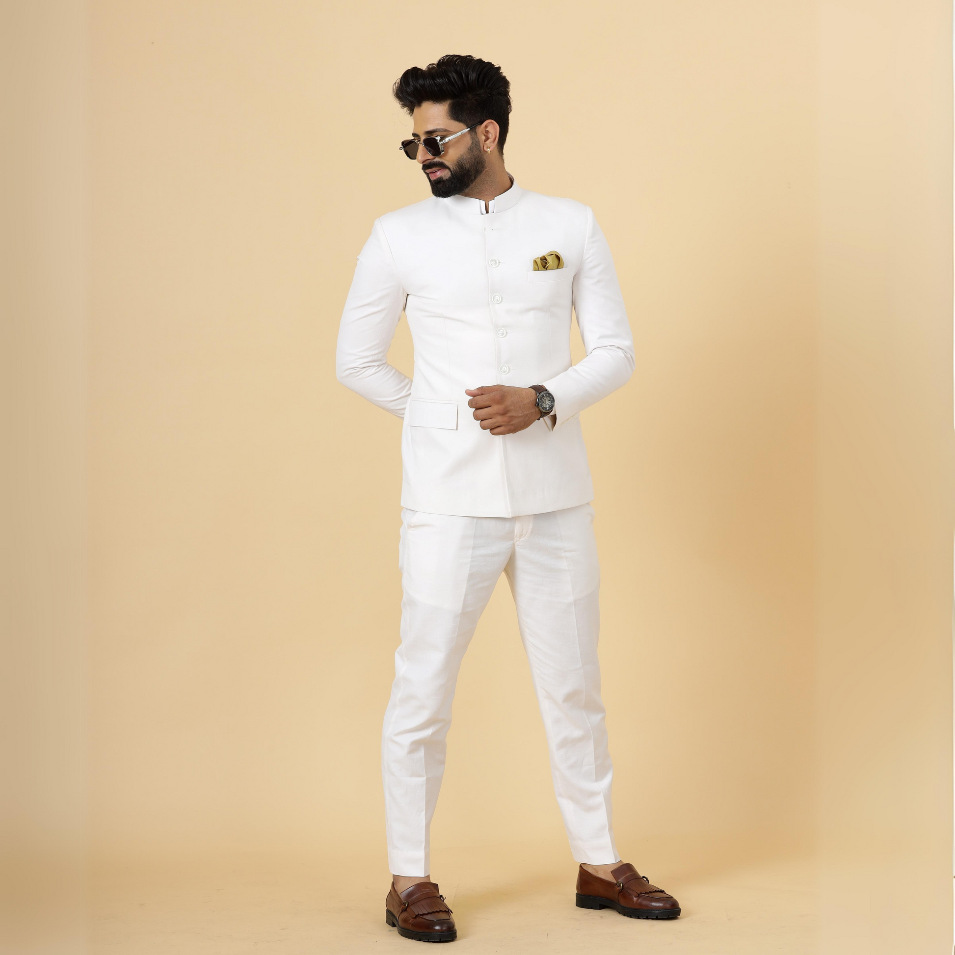 Bespoke White Linen Jodhpuri Bandhgala Suit For Men White Trouser My Personal Fit XS