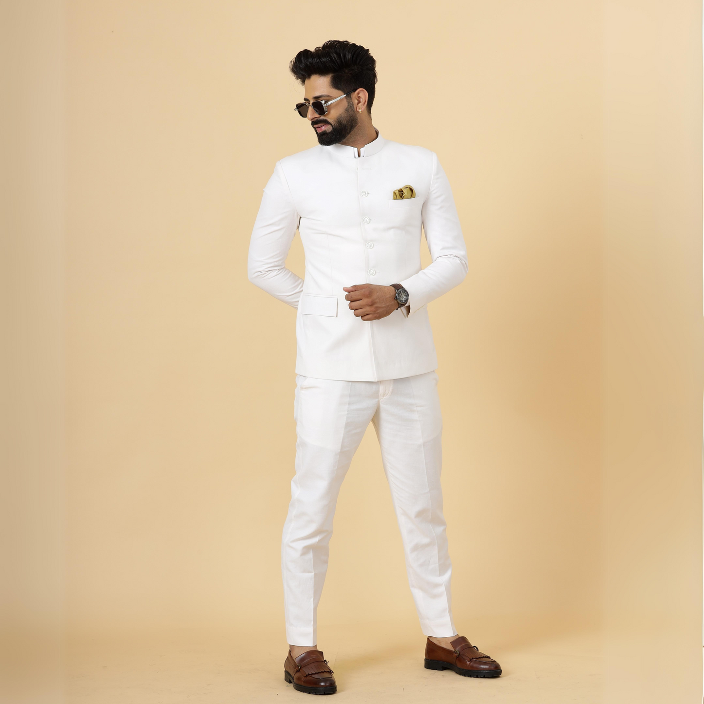 Bespoke White Linen Jodhpuri Bandhgala Suit For Men | White Trouser |