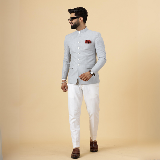 Bespoke Grey Linen Jodhpuri Bandhgala Suit For Men | White Trouser |