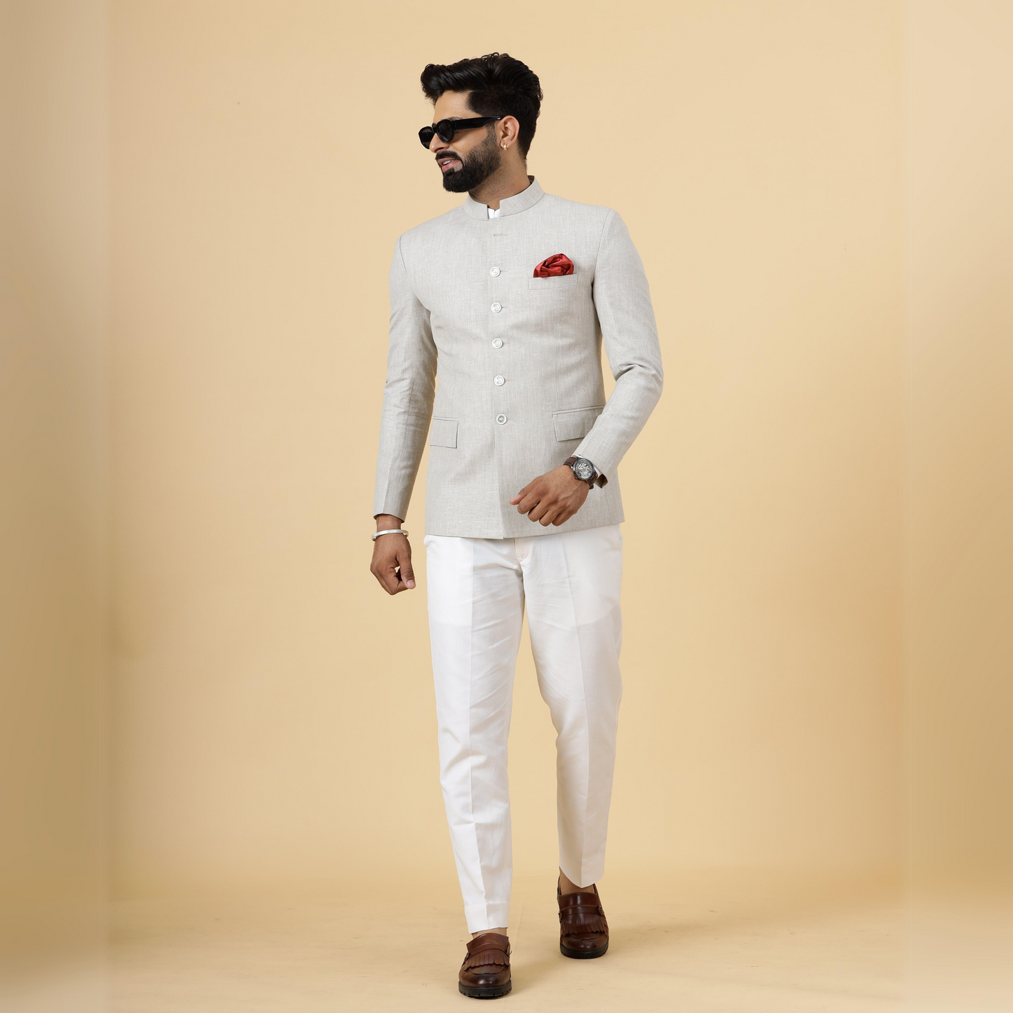 Bespoke Beige Linen Jodhpuri Bandhgala Suit For Men | White Trouser |