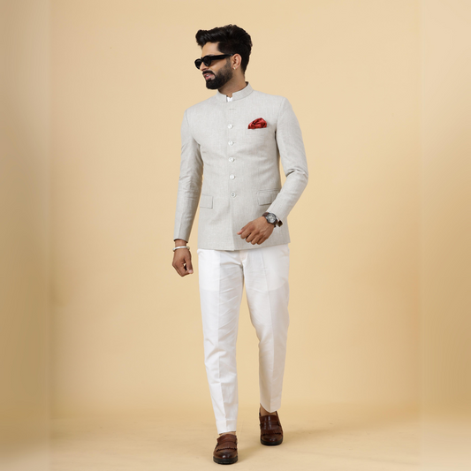Bespoke Beige Linen Jodhpuri Bandhgala Suit For Men | White Trouser |