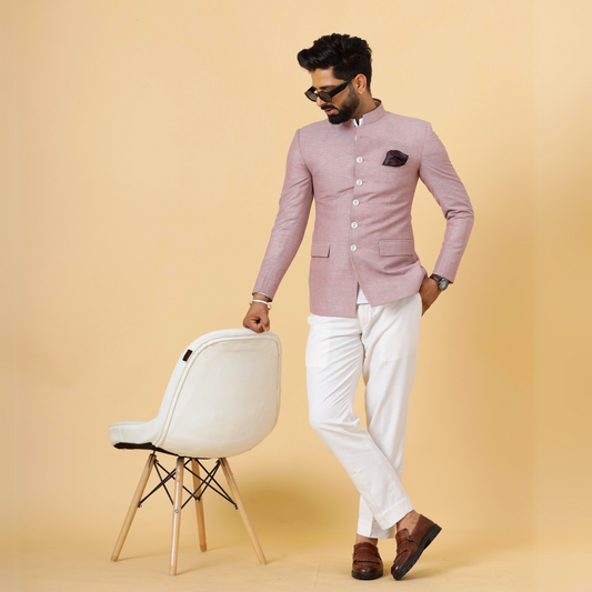 Bespoke RoseWood Linen Jodhpuri Bandhgala Suit For Men | White Trouser |