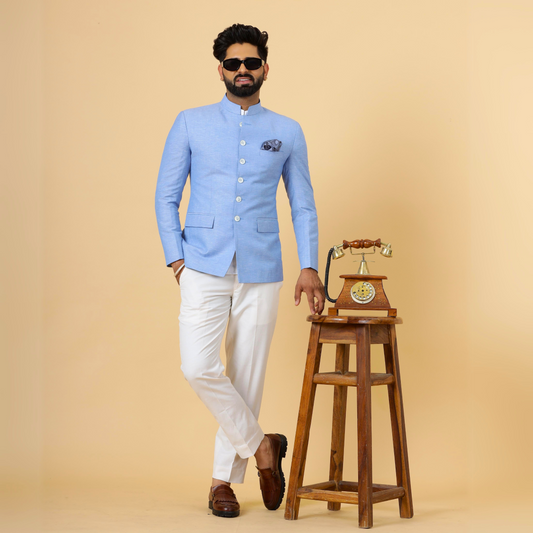 Bespoke Azure Blue Linen Jodhpuri Bandhgala Suit For Men | White Trouser |