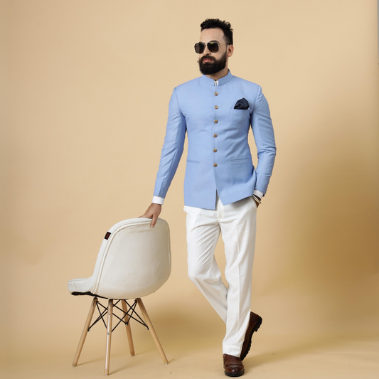 Corn-Flower Blue Jodhpuri Blazer with White Trouser| Perfect for Wedding and Casual wear|