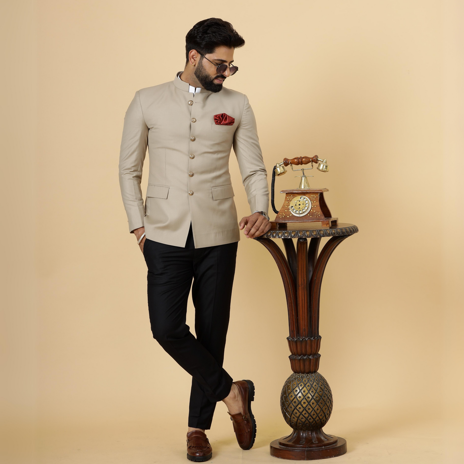 Casual Mens Blazer Styles For Wedding Khaki Jodhpuri Blazer With