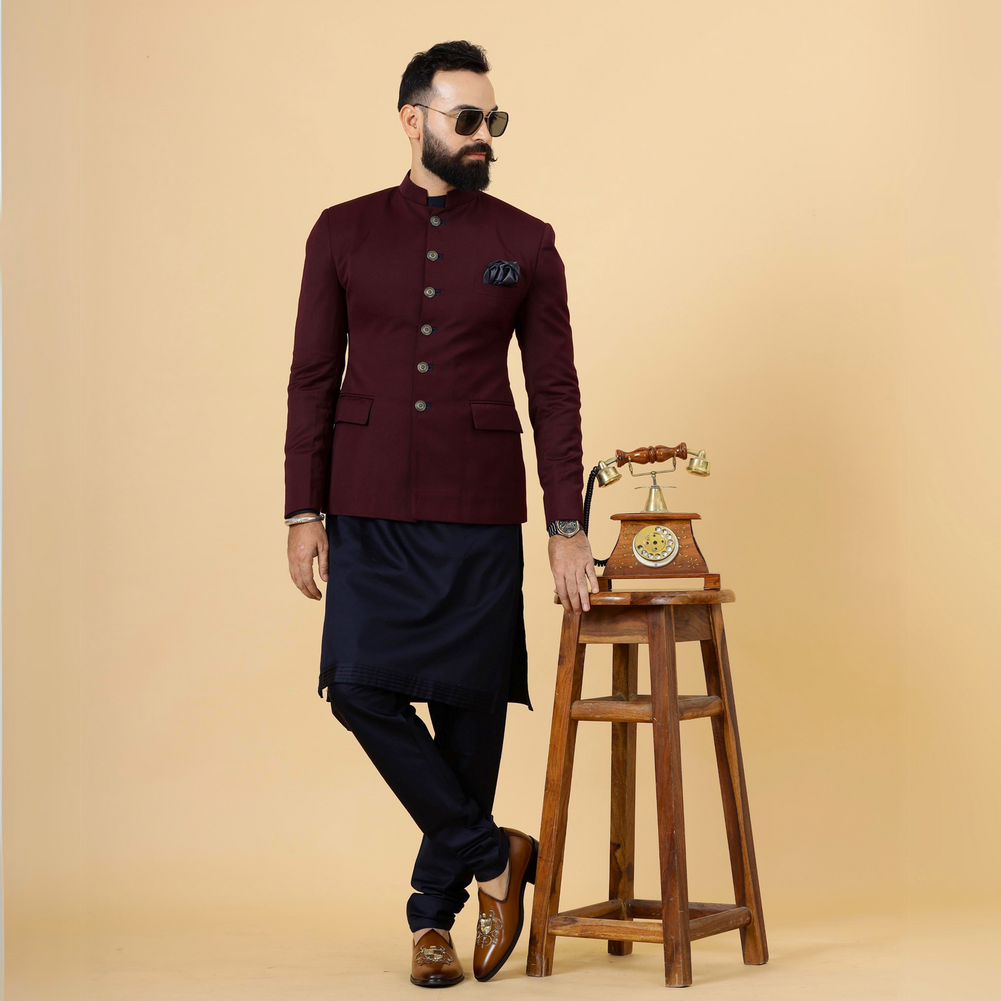 Stunning Wine Jodhpuri Bandhgala With Navy Blue Kurta Pajama