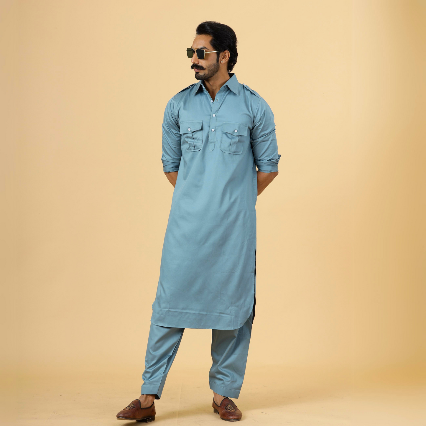 Classy Turquoise Blue Pathani Kurta-Salwar Set