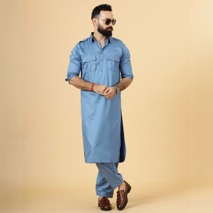 Classy Slate Grey Pathani Kurta-Salwar Set