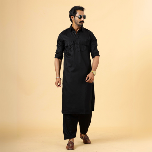 Classy Black Pathani Kurta-Salwar Set