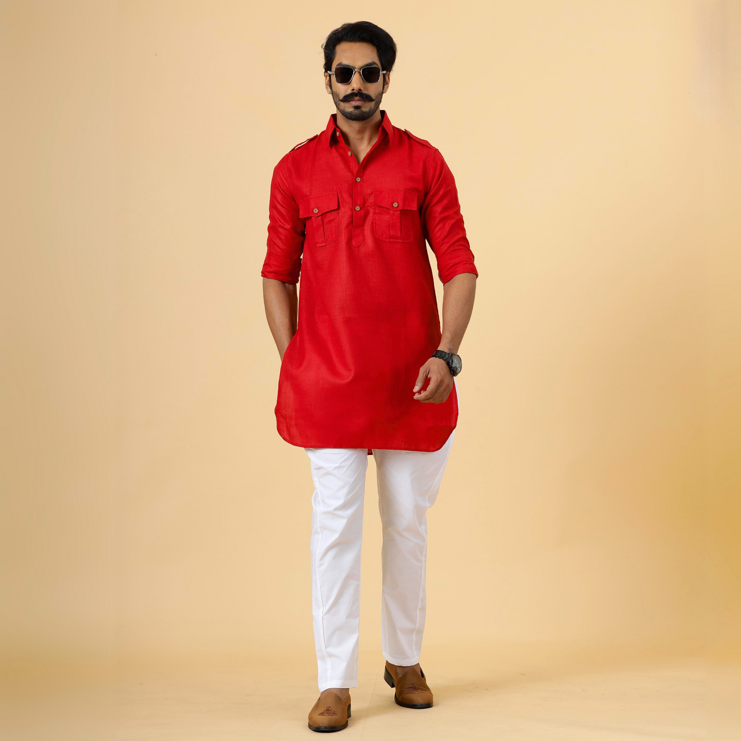 Red Hunting Style Kurta-Pajama Set