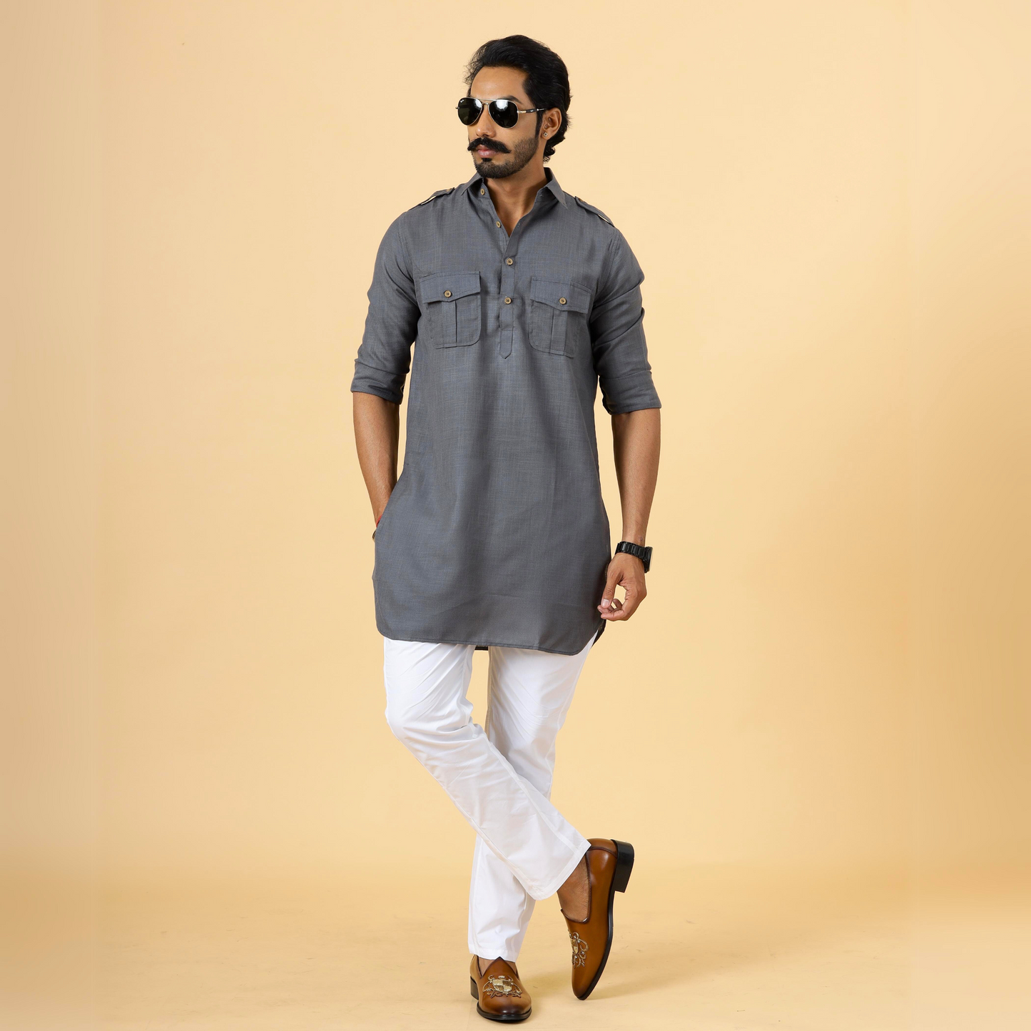 Dark Grey Hunting Style Kurta-Pajama set