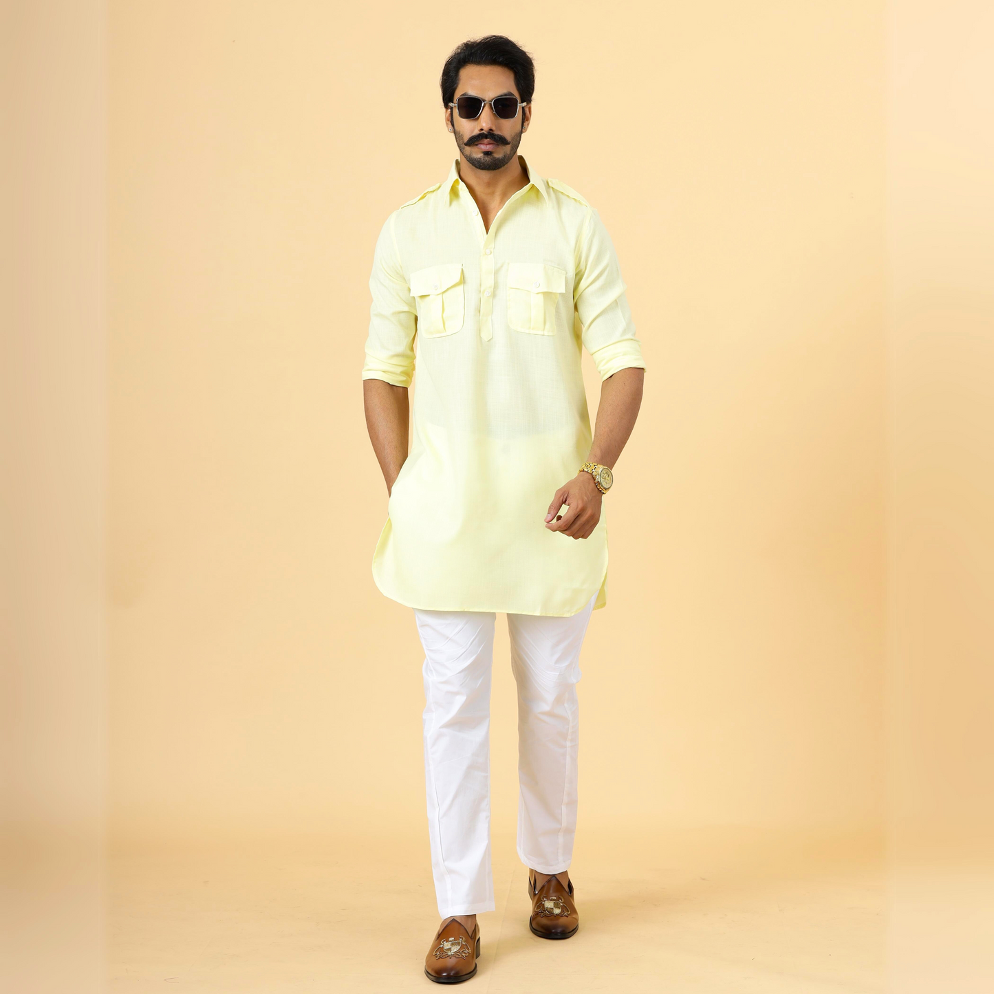 Light Yellow Cotton Hunting Style Kurta-Pajama Set