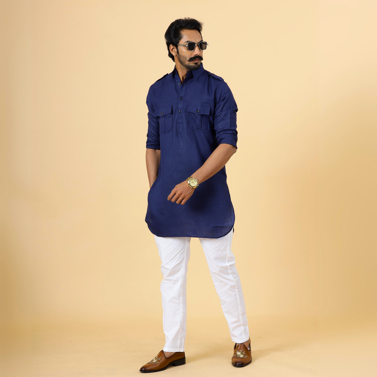 Navy Blue Cotton Hunting Style Kurta-Pajama Set