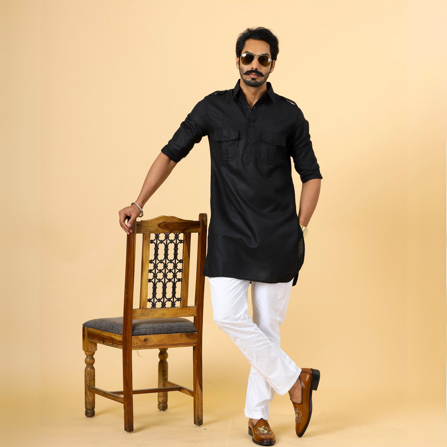 Black Hunting Style Kurta-Pajama Set