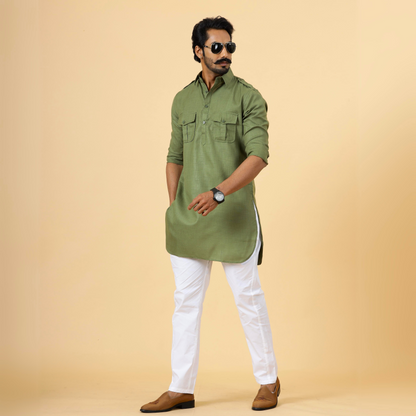 Olive Green Hunting Style Kurta with white pajama