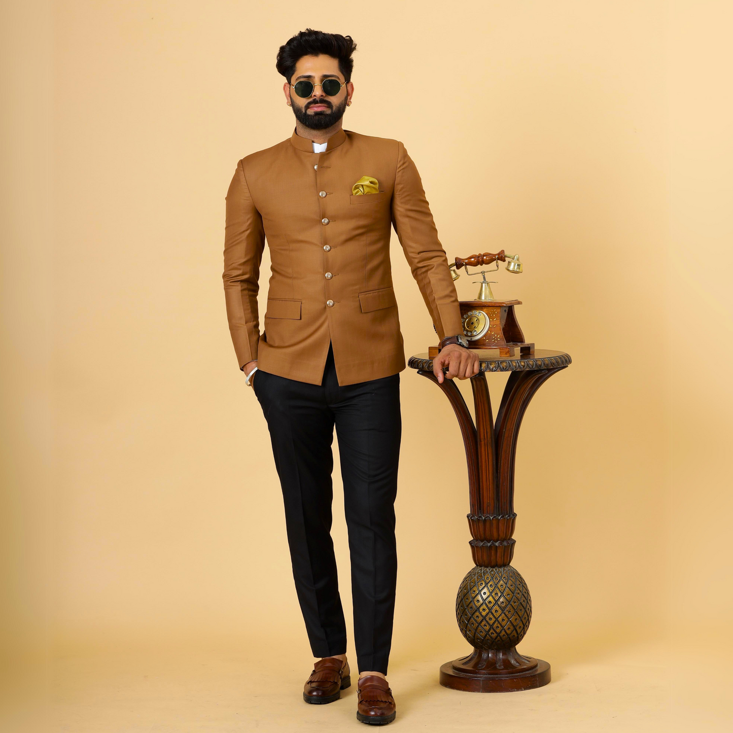 Exclusive Caramel Brown Jodhpuri Bandhgala with Black Trouser| Terry Rayon | Perfect for Cocktail party , Funtional wear, Festive  wear|