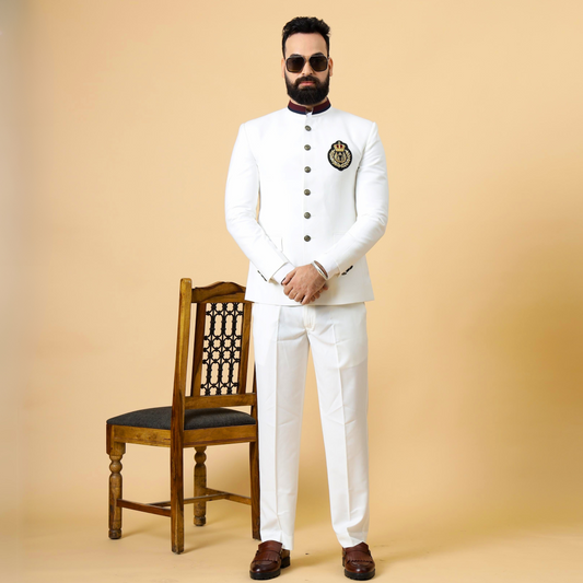 Stunning White Patch Embroidered Jodhpuri Suit for Men