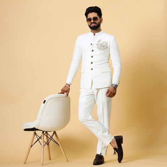 Alluring White Aari Embroidered Jodhpuri Suit for Men