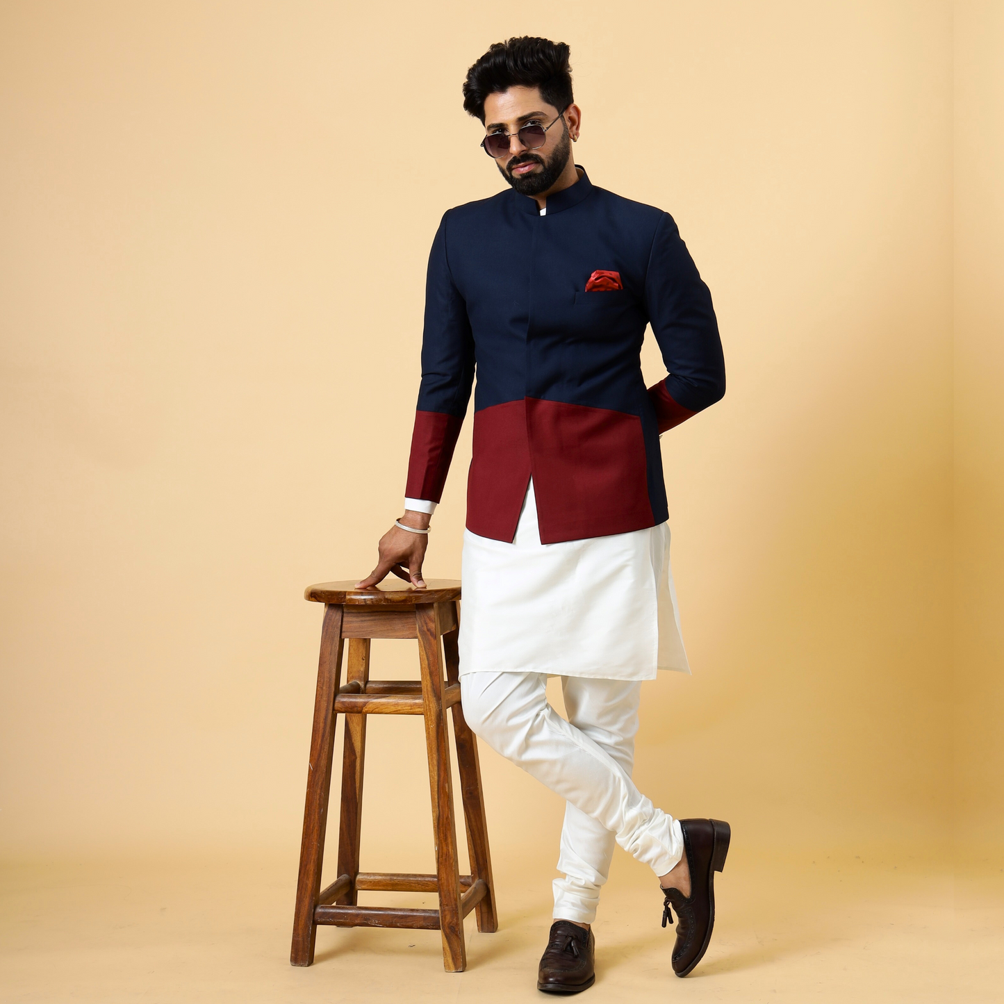 Bespoke Navy-Blue Jodhpuri Bandhgala with Off-White Kurta Pajama