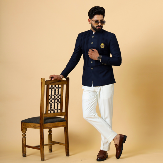 Alluring Navy Blue Pleated Jodhpuri Bandhgala with embroidered Patch | White Trouser