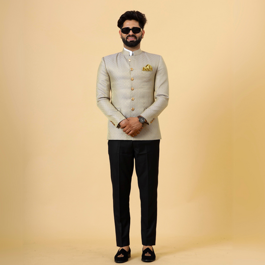 Bespoke Grey-Golden Brocade Silk Jodhpuri Bandhgala for Men