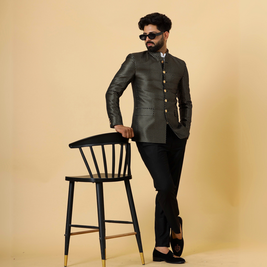 Bespoke Black Brocade Silk Jodhpuri Bandhgala for Men