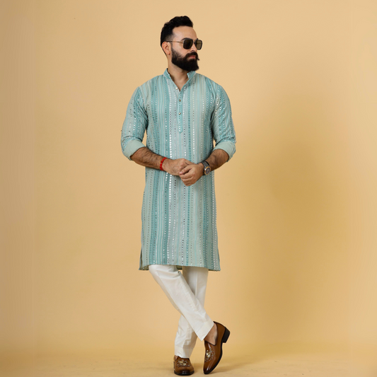 Alluring Turquoise Dual Color Mirror Embroidered Kurta-Pajama for Men