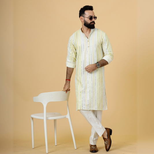 Alluring Yellow Dual Color Mirror Embroidered Kurta-Pajama for Men