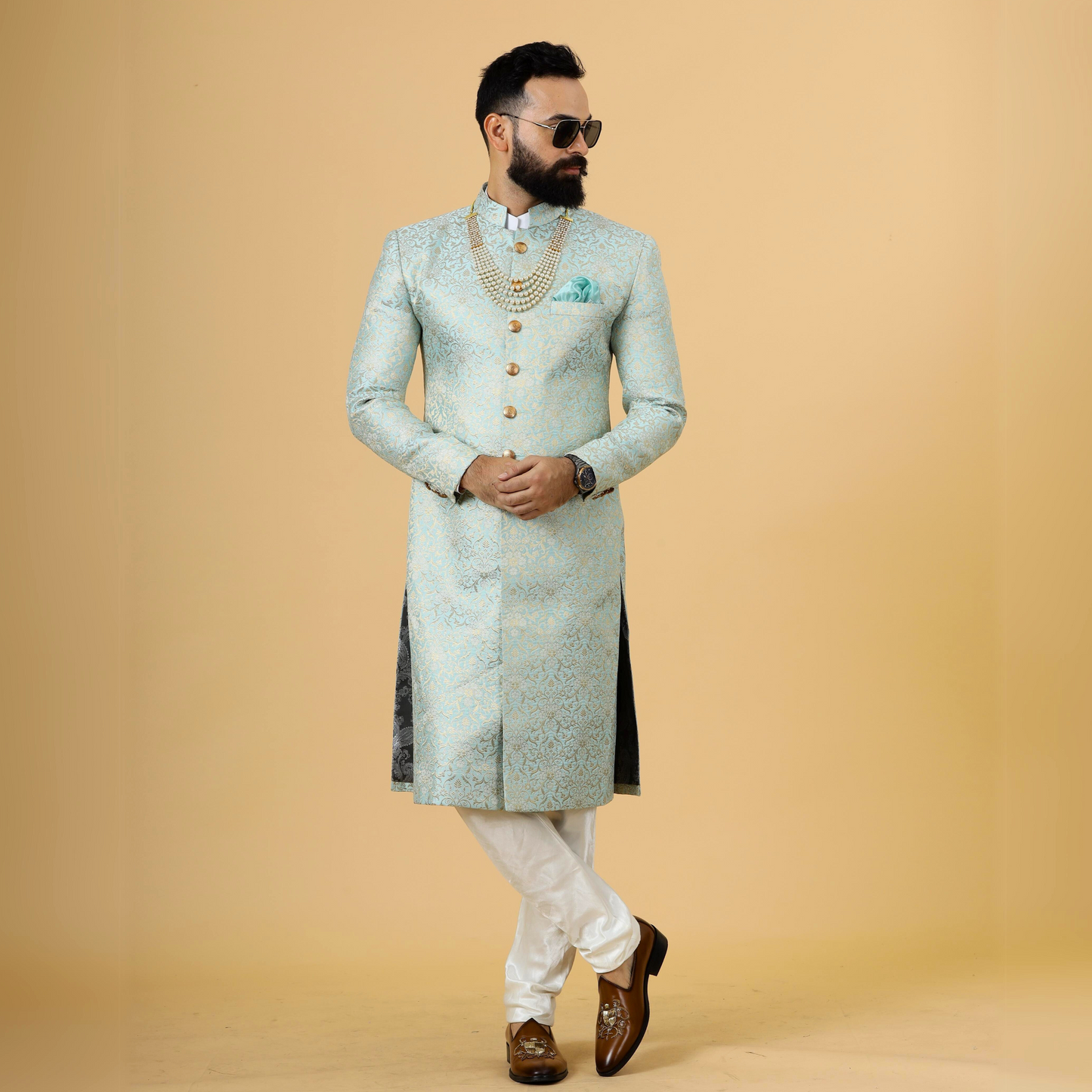 Stunning Sky Blue Banarasi Brocade Achkan for Men | Father Son Combo | Pastel Colour Sherwani | Perfect for Grooms