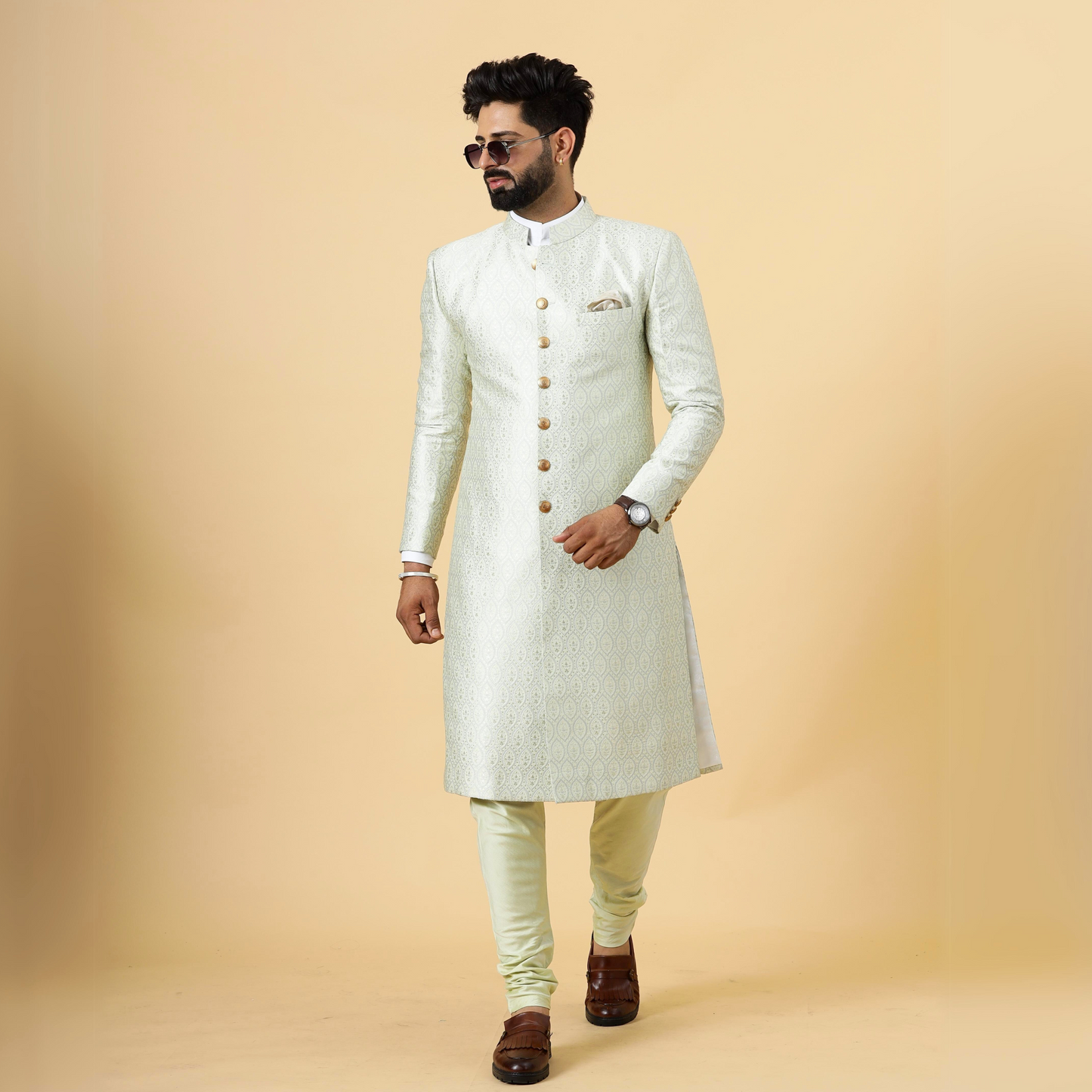 Stunning Beige Banarasi Brocade Achkan for Men | Father Son Combo | Pastel Colour Sherwani | Perfect for Grooms