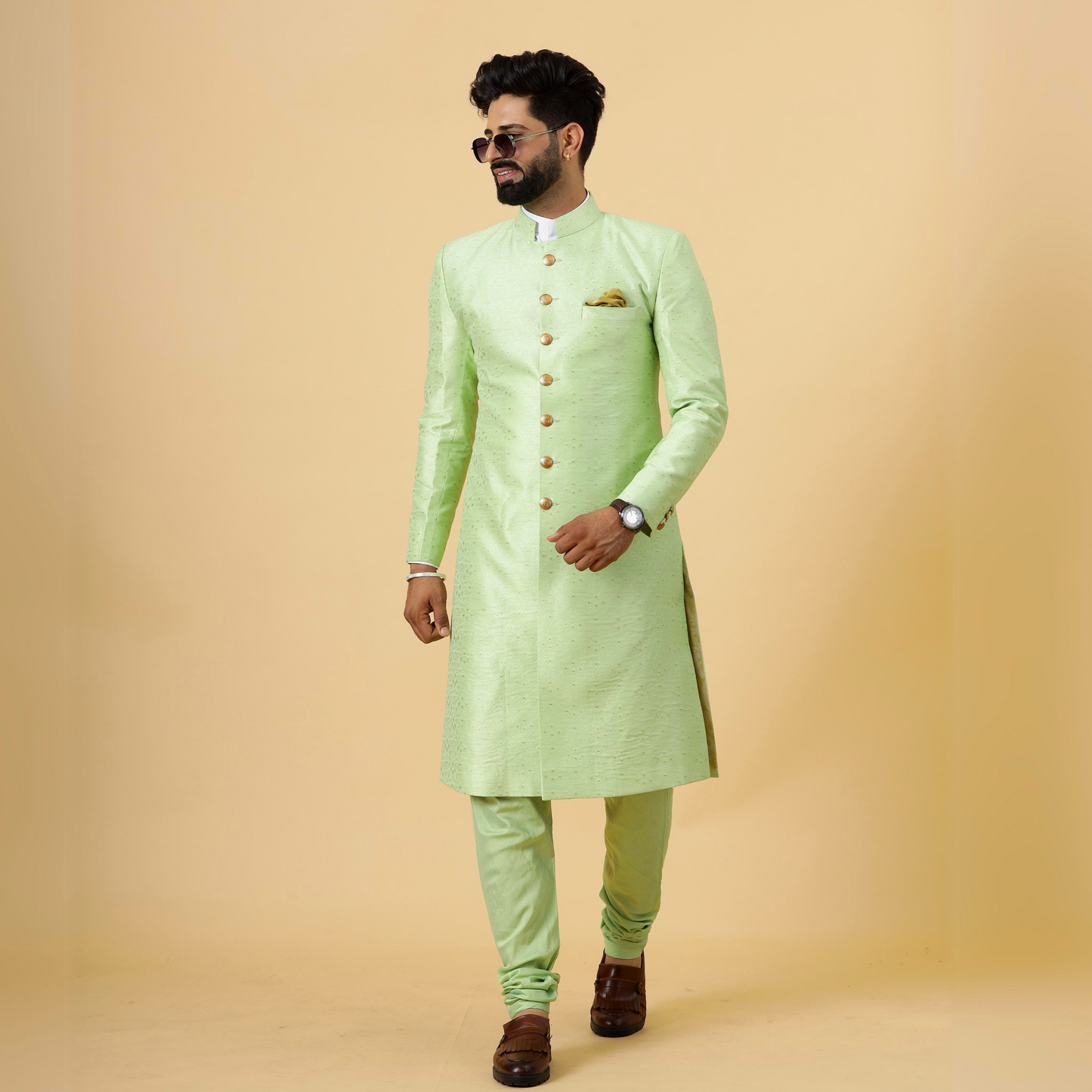 Stunning Pistachio Green Banarasi Brocade Achkan for Men | Father Son Combo | Perfect for Grooms