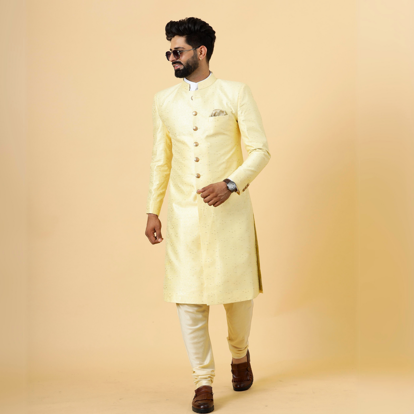 Stunning Light Yellow Banarasi Brocade Achkan for Men | Father Son Combo | Pastel Colour Sherwani | Perfect for Grooms