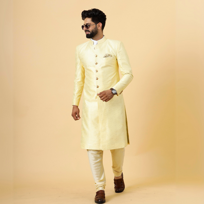 Stunning Light Yellow Banarasi Brocade Achkan for Men | Father Son Combo | Pastel Colour Sherwani | Perfect for Grooms