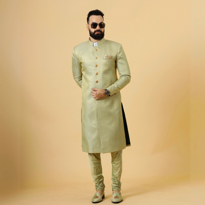 Stunning Lime Gold Banarasi Brocade Achkan for Men | Father Son Combo | Perfect for Grooms