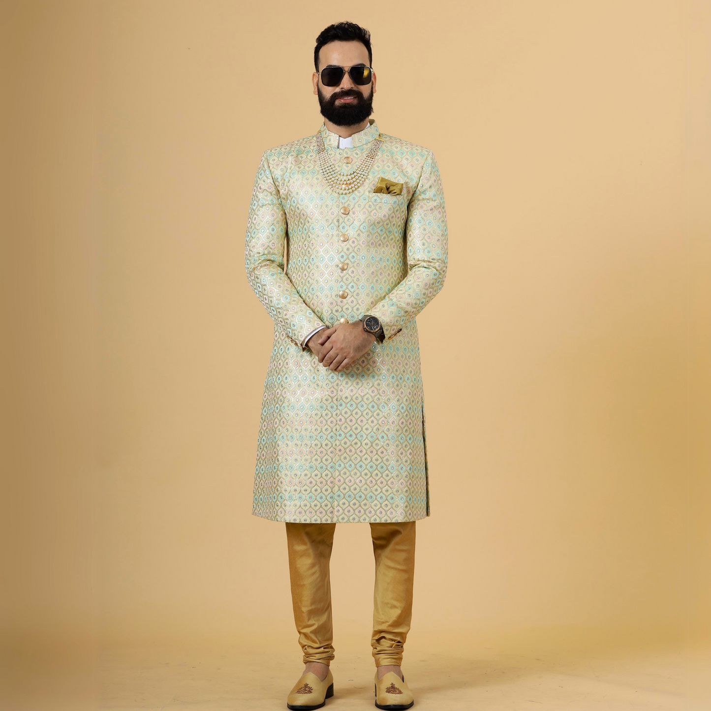 Traditional Lemon-Yellow Sequin Embroidered Sherwani for Men | Father Son Combo | Perfect Groom Wear