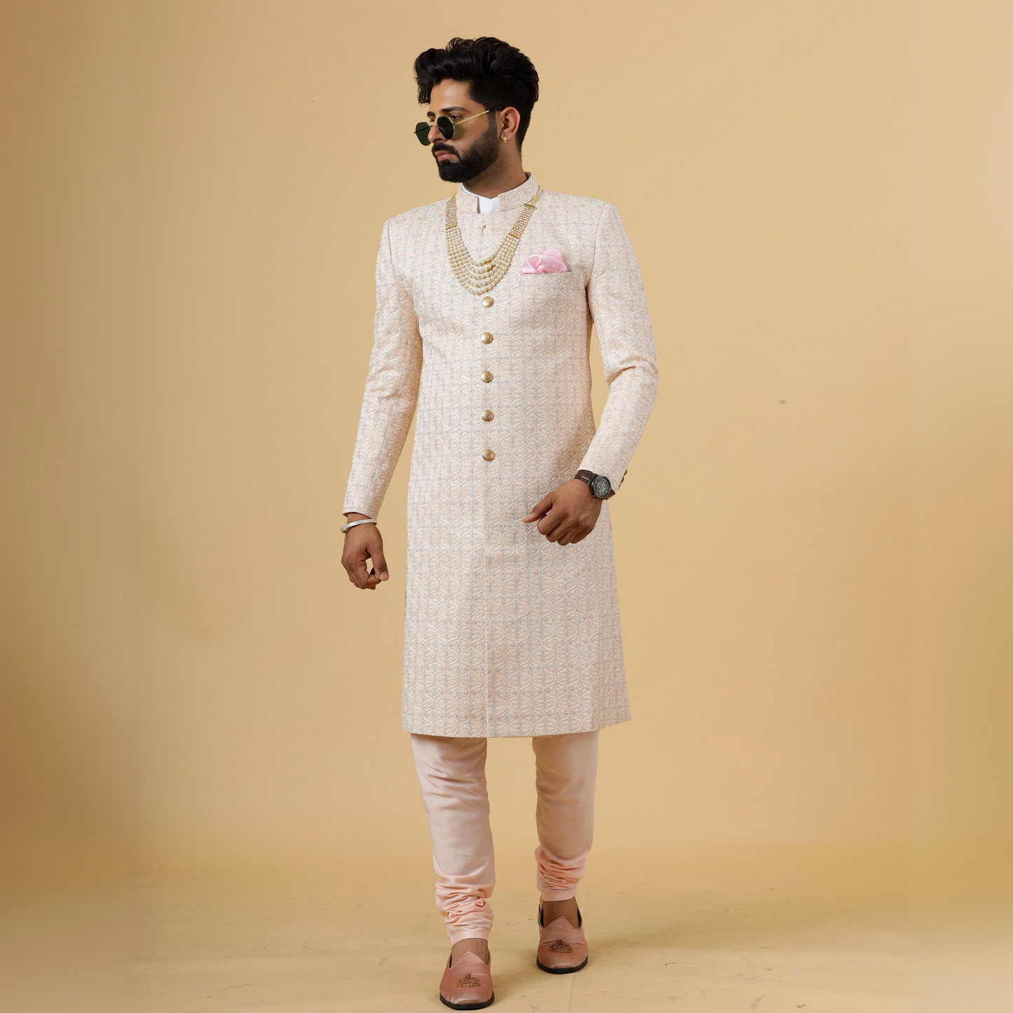 Alluring Peach thread Embroidered Sherwani for Men | Father Son Combo | Perfect Groom Wear