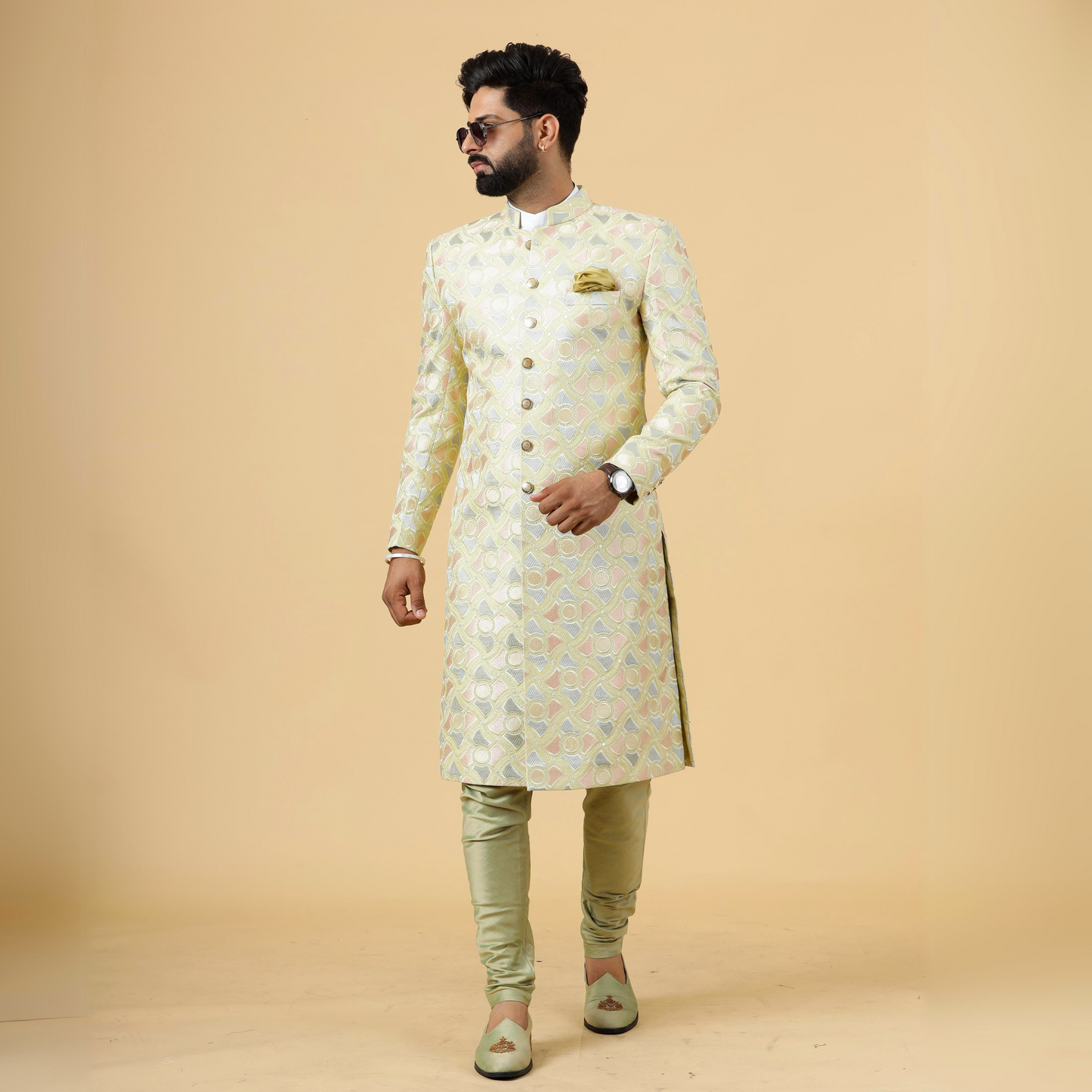 Regal Lemon-Yellow thread Embroidered Sherwani for Men | Father Son Combo | Perfect Groom Wear