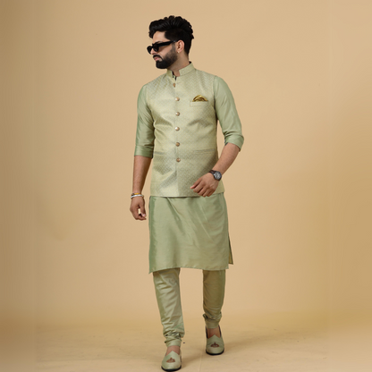 Alluring Lime Gold Banarsi Silk Half Jodhpuri Jacket with Lime Green Kurta-Pajama for Men