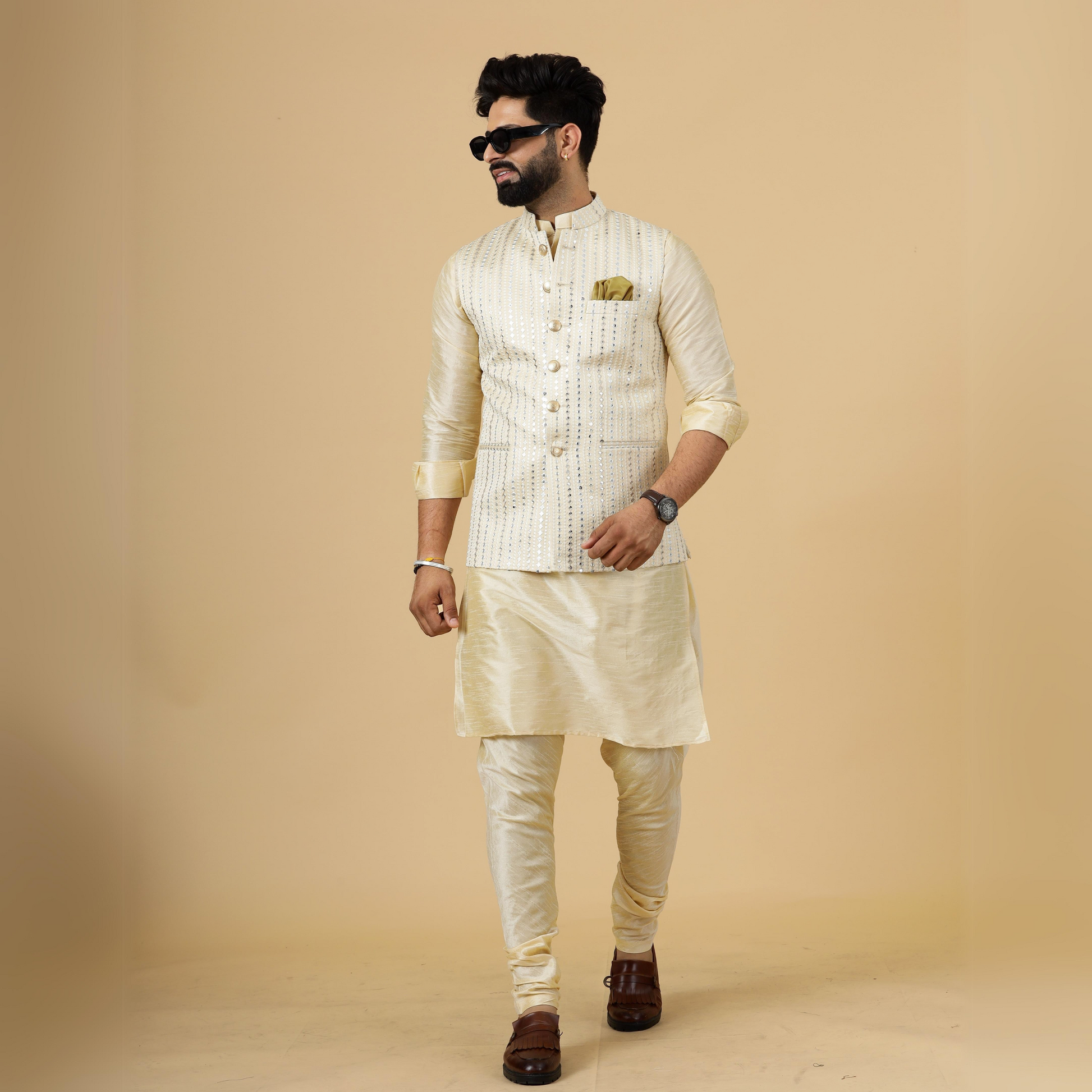 Alluring Beige Mirror Embroidered Silk Half Jodhpuri Jacket with Cream Kurta-Pajama for Men My Personal Fit XS