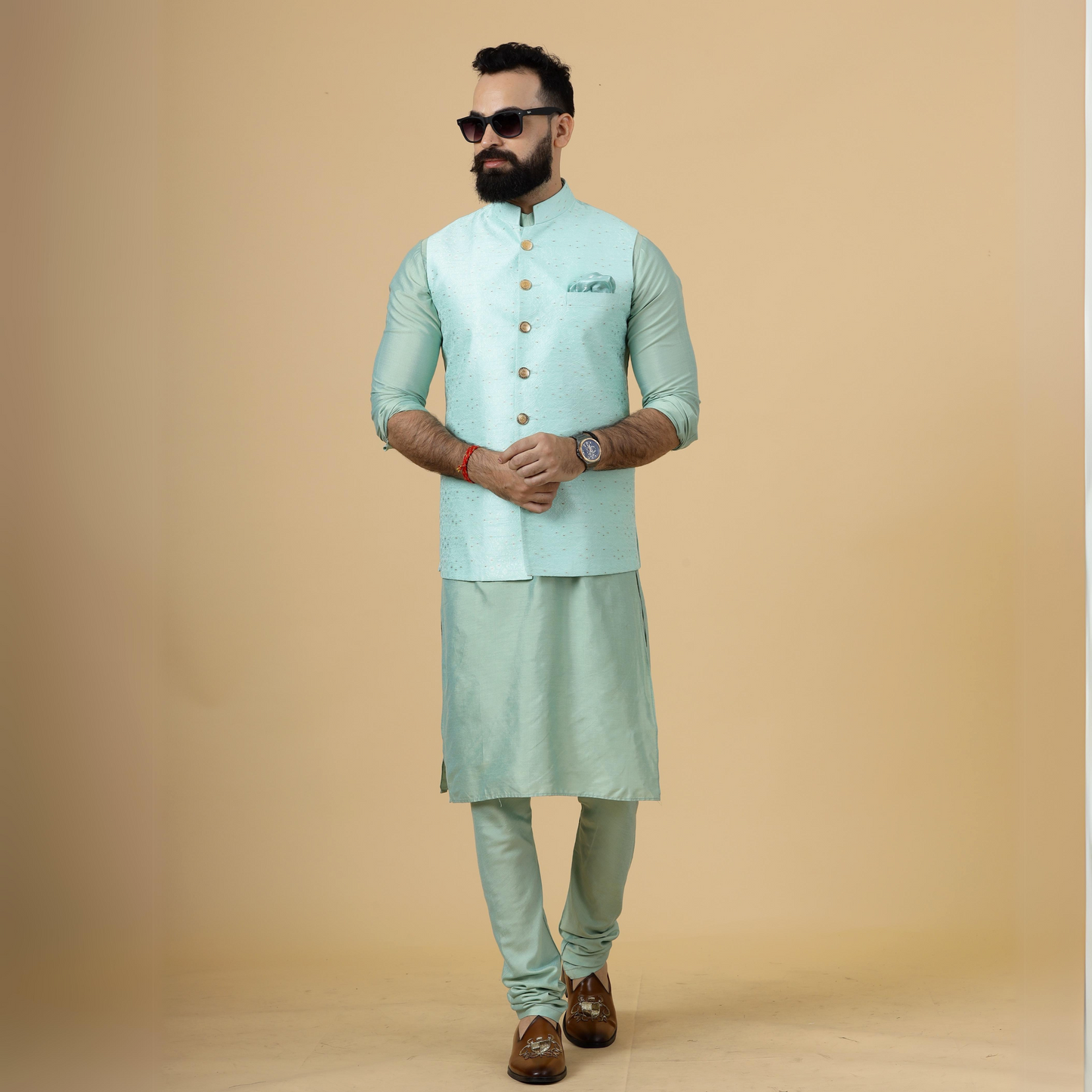Classic Seafoam Green Banarasi silk Half Jodhpuri Jacket with Sea Green Kurta-Pajama for Men