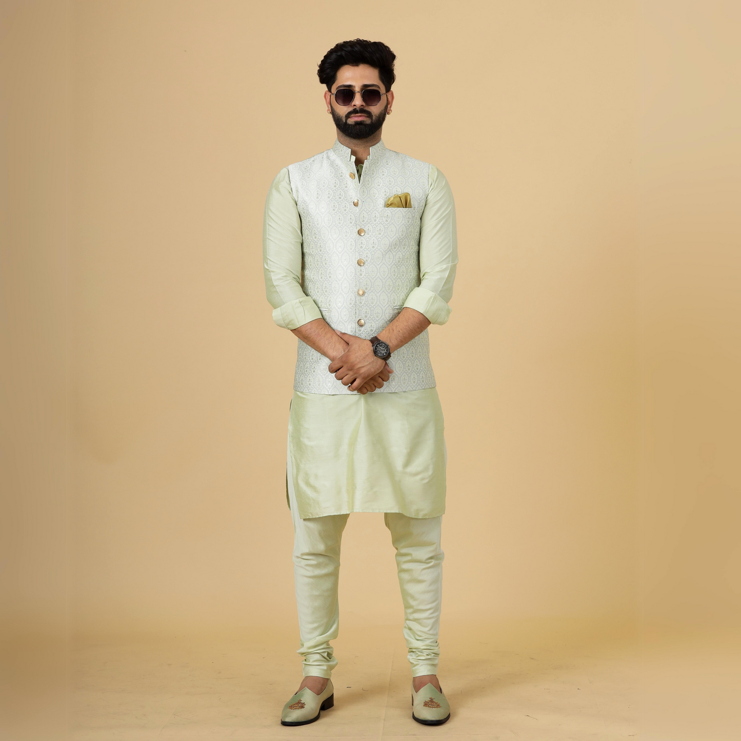 Classic Beige Banarasi Silk Half Jodhpuri Jacket with Light Green Kurta-Pajama for Men