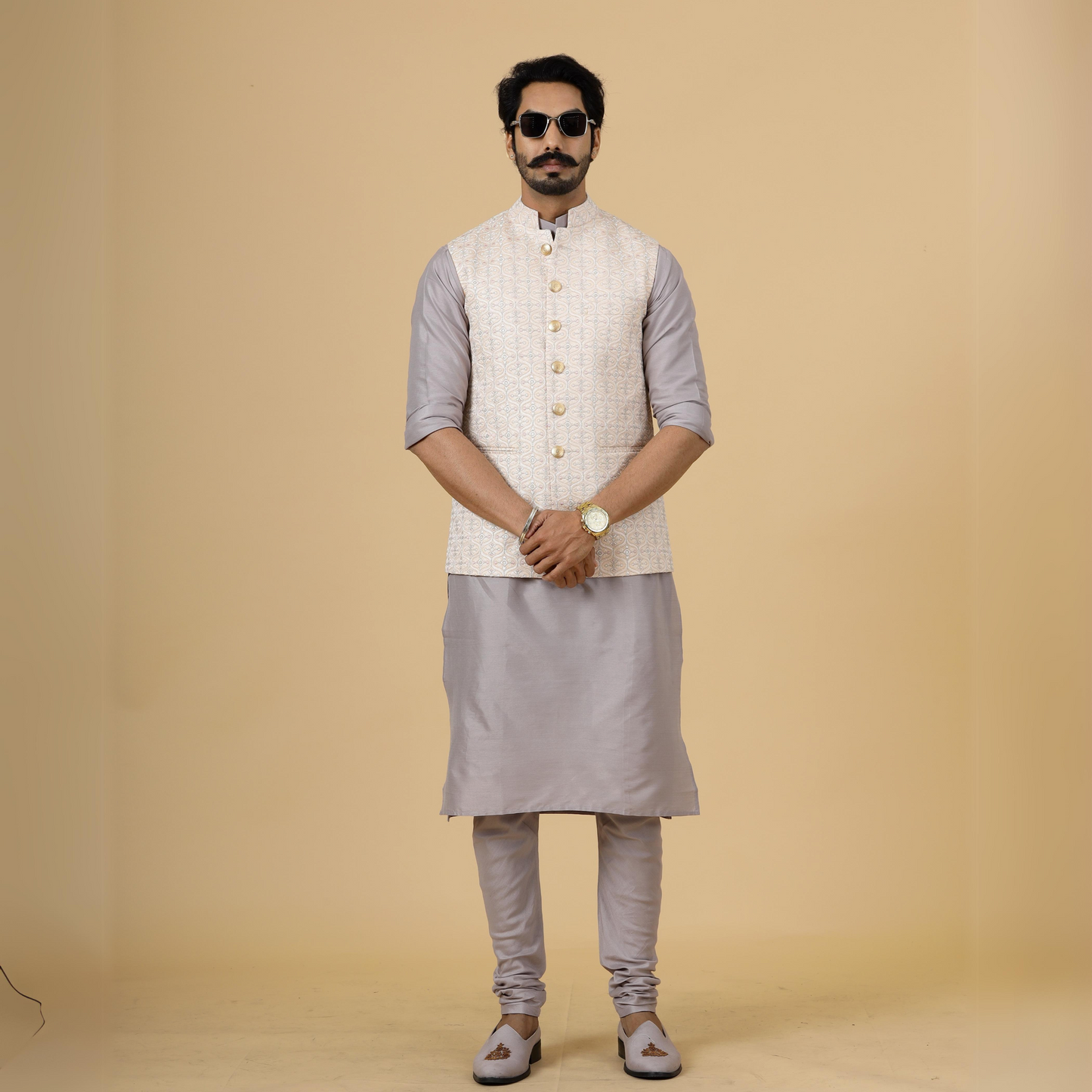 Alluring Peach Thread Embroidered Silk Half Jodhpuri Jacket with Lilac Kurta-Pajama for Men