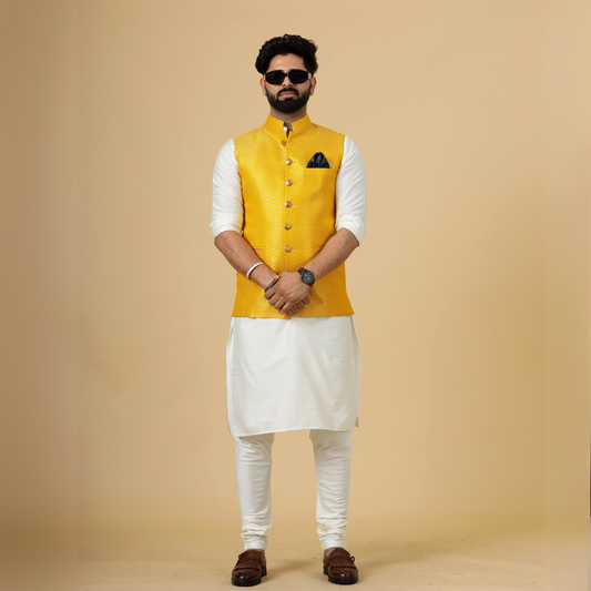 Classy Bright Yellow Brocade Silk Half Jodhpuri Jacket with Off-White Kurta-Pajama for Men