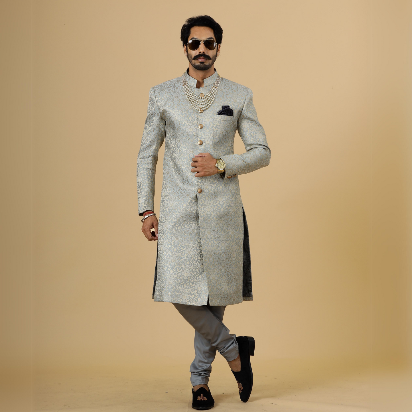 Stunning Grey Banarasi Brocade Achkan for Men | Father Son Combo | Pastel Colour Sherwani | Perfect for Grooms