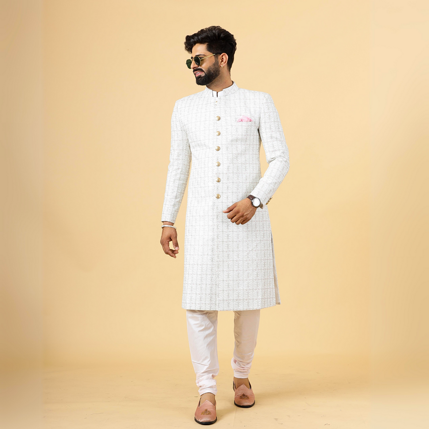 Alluring White thread Embroidered Sherwani for Men | Father Son Combo | Perfect Groom Wear