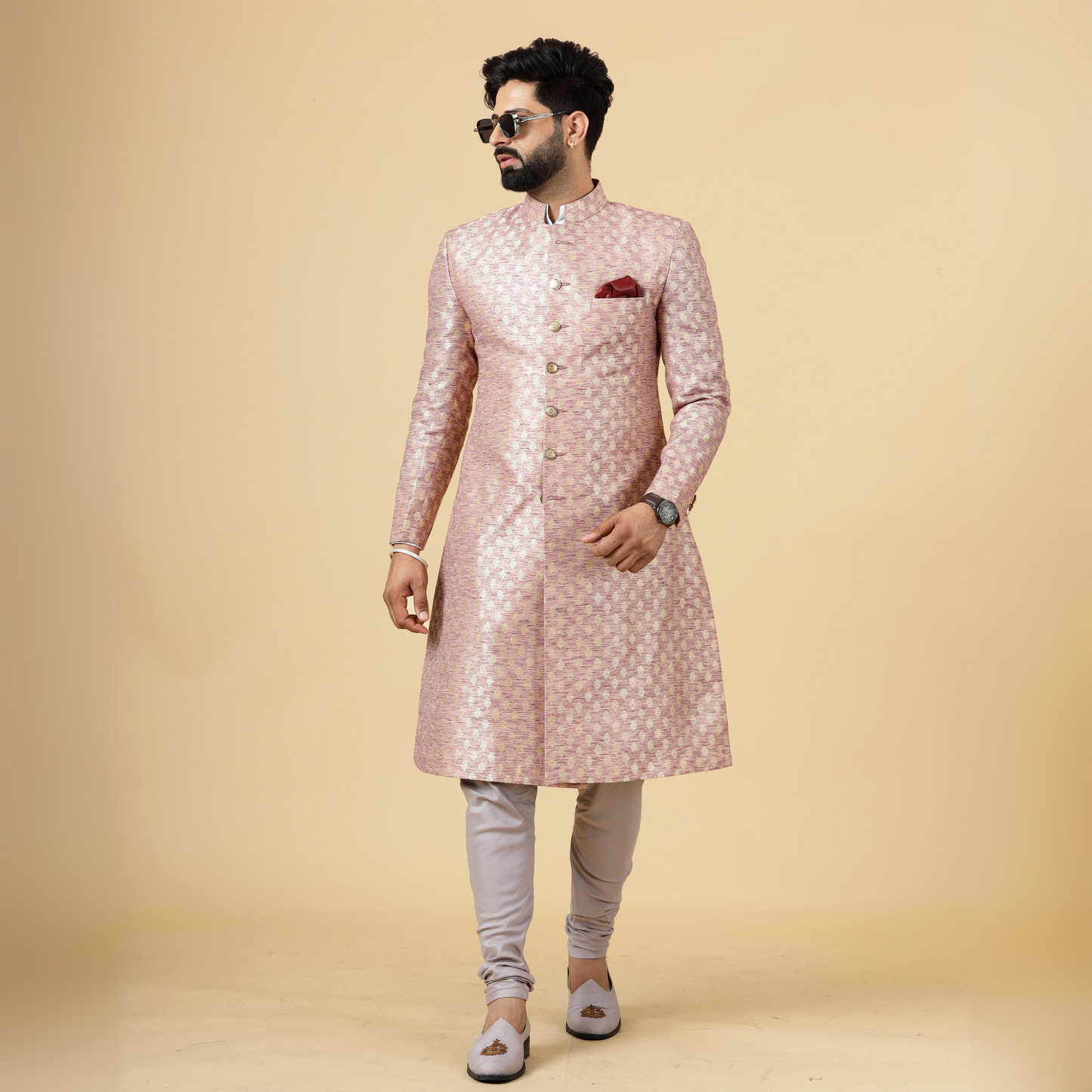 Stunning Rose Gold Banarasi Brocade Achkan for Men | Father Son Combo | Perfect for Grooms