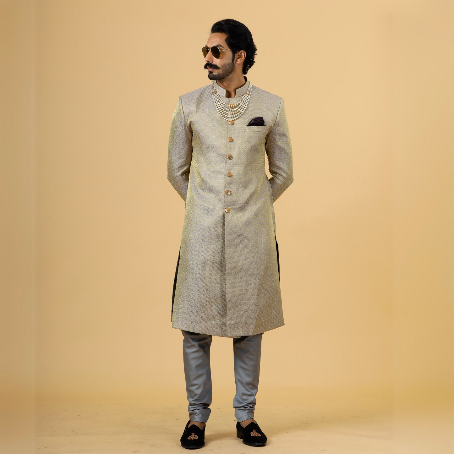 Stunning Golden-Grey Banarasi Brocade Achkan for Men | Father Son Combo | Perfect for Grooms