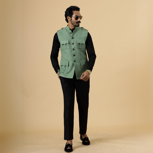 Pastel Green Tweed Semi-Hunting Rajputana Jacket