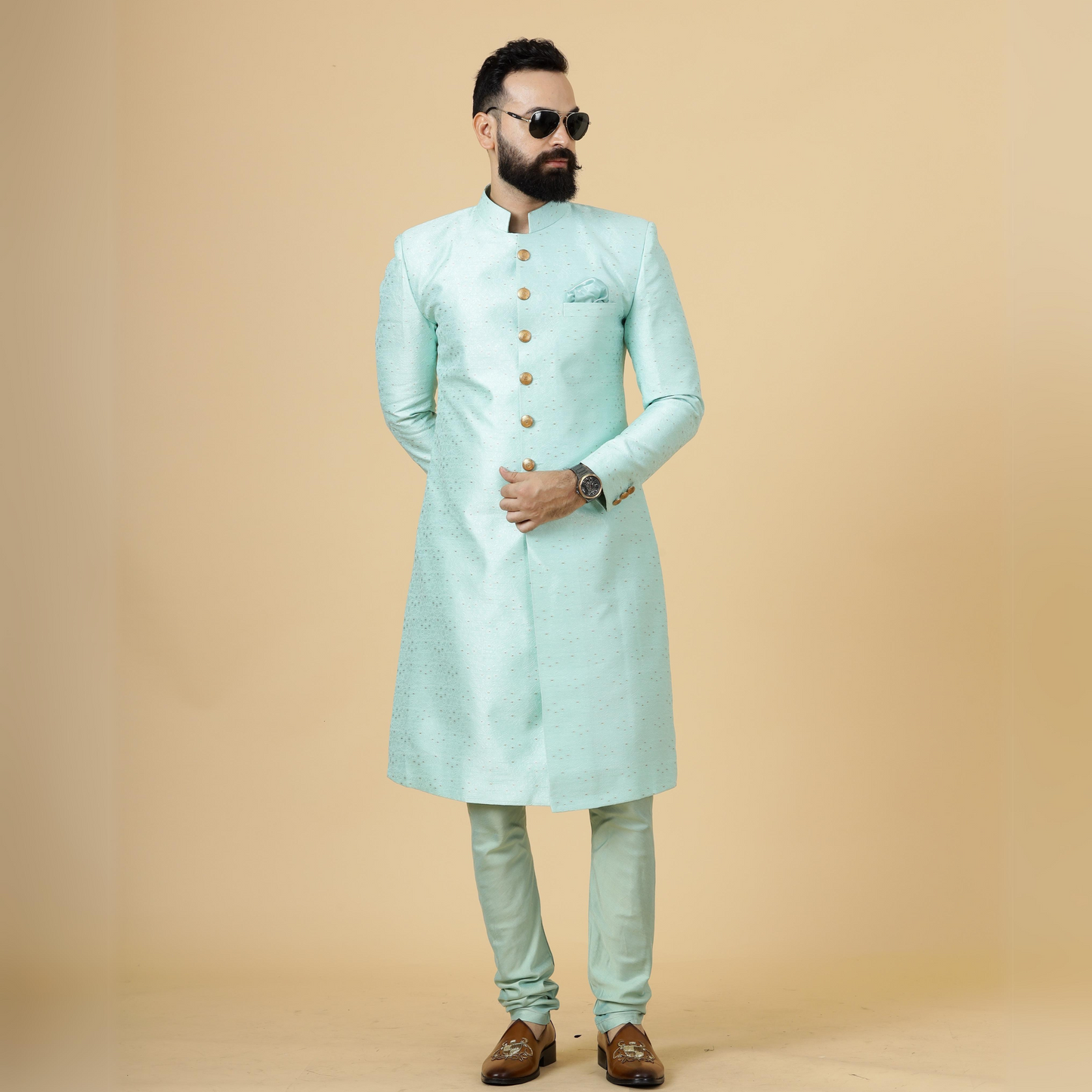 Regal Seafoam Banarasi Brocade Sherwani for Men | Father Son Combo | Perfect Groom Wear